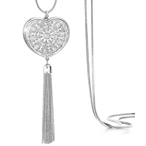 Image of Suyi Long Tassel Necklace Hollow-Out Heart Sweater Chain Y Pendant Necklace for Women Heart-Silver