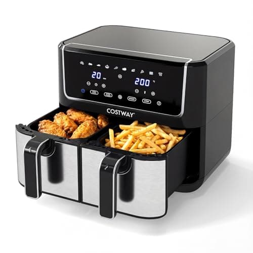 Image of COSTWAY 8L Dual Zone Air Fryer, 10-In-1 Presets Airfryer Oven with Sync Finish & Match Cook, LED Digital Touch Screen, 85% Less Fat, Nonstick Dishwasher Safe Baskets, Large Family Size, 2100W