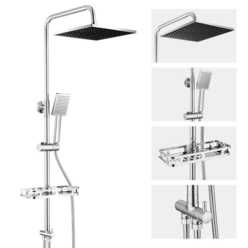 Image of Auralum Adjustable Shower Riser Rail Kit with No Drill Shelf,10" Large Rainfall Shower Head,Square Handheld Shower with Rotating Bracket, Chrome Shower Set Easy DIY Install Fits UK Bathrooms