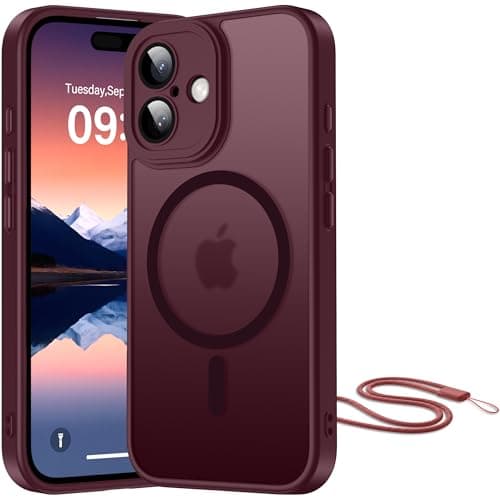 Image of Opkiegrn Magnetic Case for iPhone 16 with Camera Lens Protector + Lanyard, Compatible with Mag safe, Slim Shockproof Military-Grade Drop Protection, Translucent Matte Hard Back Bumper Cover, Burgundy