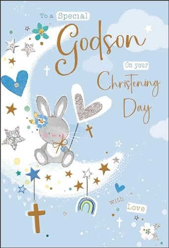 Image of Godson Christening Congratulations Card - Special Godson - Rabbit and Stars - Special Finishes and Illustrated Insert Leaf - Made in the UK