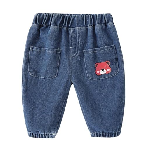 Image of Baby Jeans Jogger Pants Toddler Boy Girl Elastic Waist Denim Jeans with Pocket Bottom Pants Trousers Sweatpants Patchwork Striped Jeans Pants (Dark Blue, 6-12 Months)