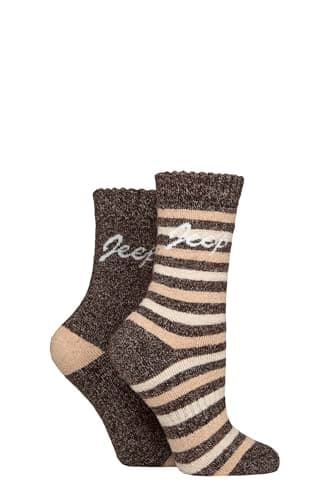 Image of Jeep Women’s 2 Pair Striped Wool Blend Boot Socks – Warm, Thick, Cushioned Outdoor Walking, Soft & Breathable with Reinforced Heel and Toe, Everyday Comfort, Size 4-8 Chocolate/Beige/Wheat