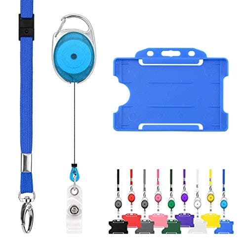 Image of Retractable Lanyard and Badge Holder Trio Triple Pack by LanyardsTomorrow - Set Includes A Single Plain Lanyard, Extendable Carabiner Yoyo Reel Clip and Rigid ID Card Holder (Blue)
