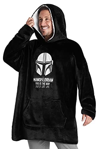 Image of Get Trend Disney The Mandalorian Hoodie Blanket for Men Teens Fleece Wearable Blanket Warm Oversized Hoodie with Sherpa Hood Grogu Loungewear Baby Yoda Gifts (Black)