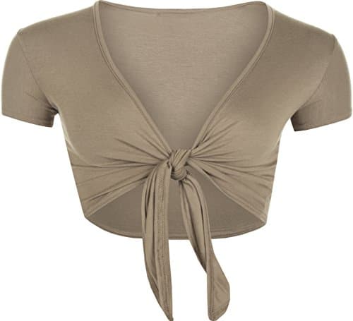 Image of WearAll New Ladies Tie Up Shrug Crop Top Womens Short Sleeve Stretch Open Top Light Brown 8/10