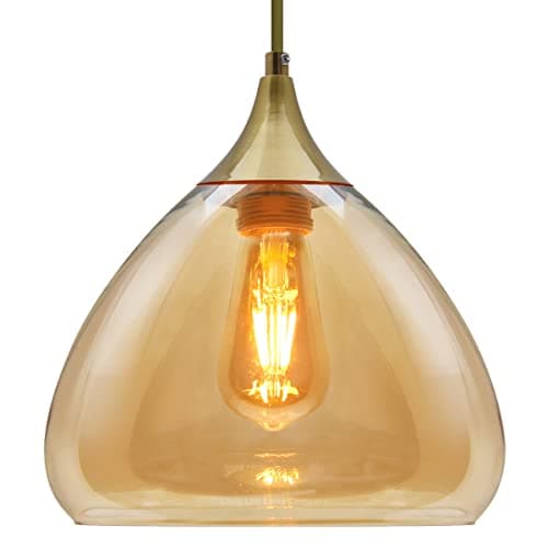Image of Celing Hnaging Brass Pendant Light Amber Glass Lamp Shade Ceiling Fitting H3025 Vintage