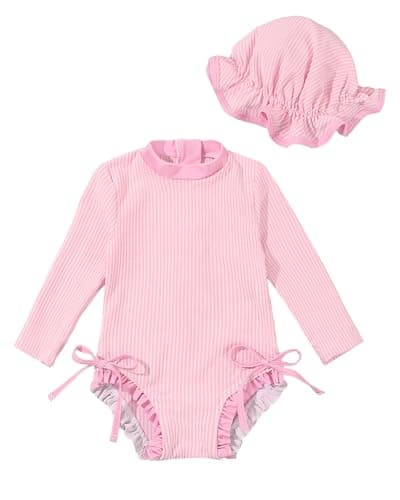 Image of JiAmy Baby Girls Swimming Costume Long Sleeve Zip Up One Piece Swimsuit Swimwear Bathing Suit Rash Guard with Sun Hat Set Pink 3-6 Months