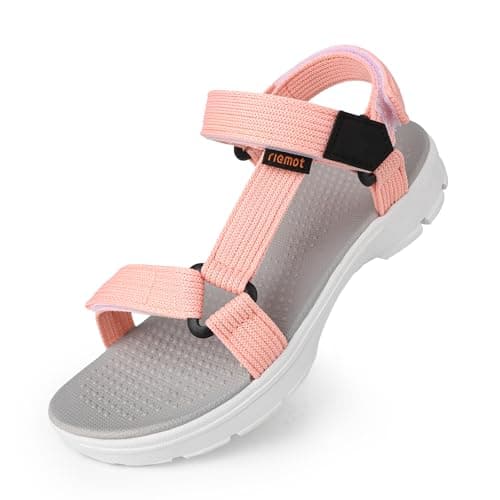 Image of riemot Women's Sports and Outdoor Sandals, Comfortable Summer Sandal with Adjustable Straps, Open-Toe Slip-On Flats, Lightweight Casual Beach Shoes for Walking, Hiking, Trekking, Pink, UK 6