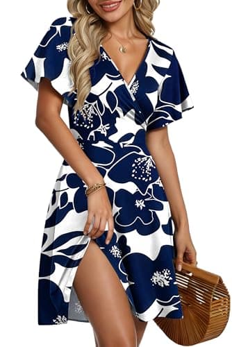 Image of AUSELILY Summer Dress for Women - Lady Wrap Ruffle Short Sleeve V Neck Floral Beach Cross Front Dress White Navy Flower L