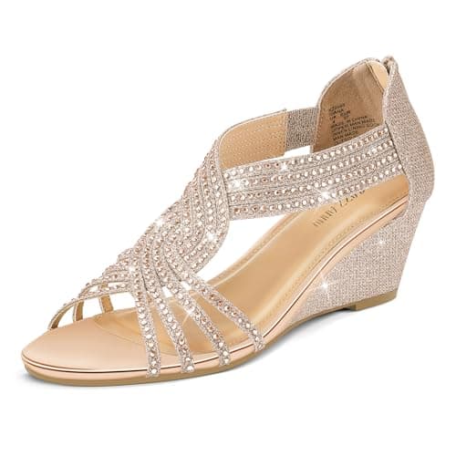 Image of PIZZ ANNU Womens Sandals Mid Wedge Heel Sparkly Glitter Shoes for Ladies Strappy Rhinestones Bridal Wedding Prom Party Rose Gold Size 8