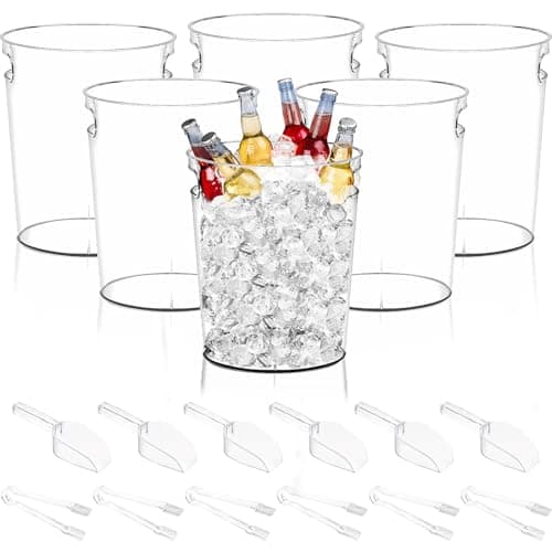 Image of 6 Pack Ice Bucket Cooler, 4L Acrylic Clear Wine Beer Bucket with 6 Ice Scoop & 6 Tongs, Plastic Champagne Buckets Chiller with Handle for Party Bar Home