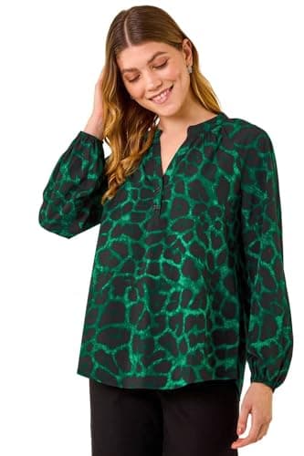 Image of Roman Shirt for Women UK Ladies Top Collarless Blouse Stretchy Tunic Smart Casual Autumn Winter Jersey 3/4 Length Sleeve Notch V Neck Flattering Office Work - Green Animal - Size 20