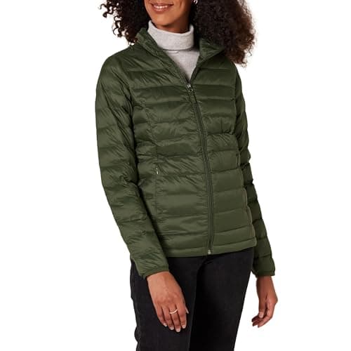 Image of Amazon Essentials Women's Lightweight long-sleeved, water-resistant, packable puffer jacket (available in plus size), Dark Olive, M
