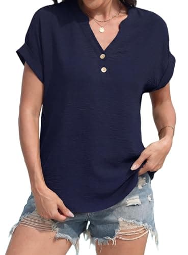 Image of GRECERELLE Women's Summer T-Shirt Button V-Neck Rolled Cuff Loose Tunic Tops Trendy Tee Shirts Ladies Casual Blouses Everyday Wear (Navy Blue, L)