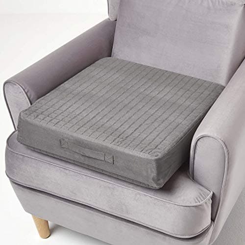 Image of HOMESCAPES Grey Quilted Armchair Booster Cushion with Removable Cover 50 cm Square 10cm Deep Firm Orthopaedic Foam Cushion Seat Pad with Soft Faux Suede Washable Cover