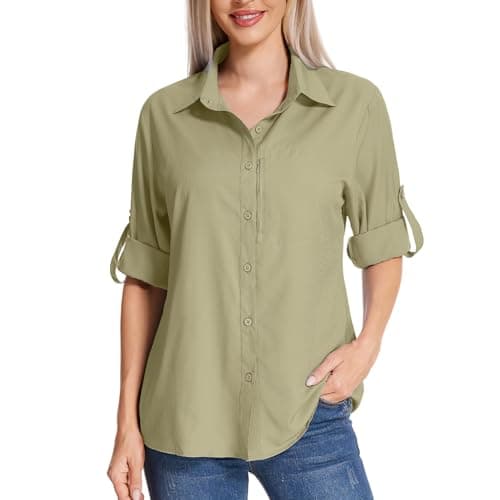 Image of mosingle Women's Long Sleeve Shirts Quick Dry Button Up Blouses UPF 50+ Sun Protection Outdoor Hiking Travel #5019-Khaki-L