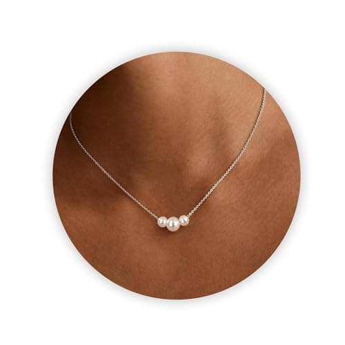 Image of Trinckle Silver Pearl Necklace, Dainty Strands Pearl Pendant Necklace for Women, Silver Prom Jewelry Pearls Charm Necklace, Cute Necklaces for Teen Girls White Choker Necklace