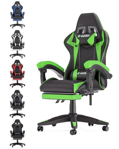 Image of bigzzia Ergonomic Gaming Chair - Gamer Chairs with Lumbar Cushion + Headrest, Height-Adjustable Office & Computer Chair for Adults (with footrest, Green)