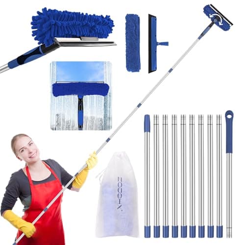 Image of Window Squeegee Tool with Extension Pole: 20+ Feet Microfiber Scrubber Window Cleaning Kit for Rv Truck Bus Car Windshield - 3 to 14 Ft Spliceable Extendable Long Duster for High Outside Solar Panel