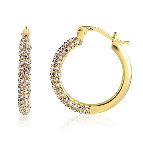Image of ASH'S CHOICE Gold Hoop Earrings, 925 Sterling Silver & 14K Gold Plated, Cubic Zirconia Diamond Crystal Rhinestone, Cartilage Huggie Hoops for Women & Girls