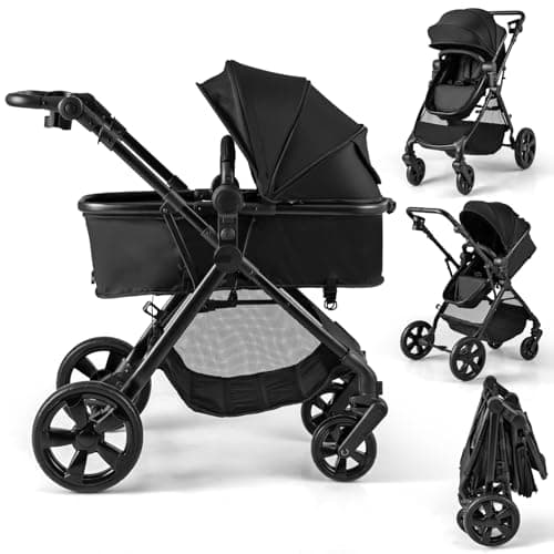 Image of COSTWAY 2 in 1 Baby Pushchair, Foldable Travel System Pram with Reversible Seat, Adjustable Canopy & Handle, Storage Basket, Cup Holder, Lightweight Infant Stroller for 0-36 Months (Black)