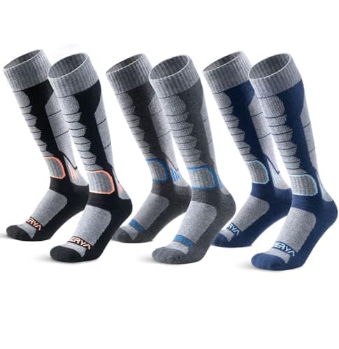 Image of WEIERYA Merino Wool Ski Socks for Skiing & Snowboarding, Outdoor Sports - Pack of 3, Black, Grey, Blue (6-8)