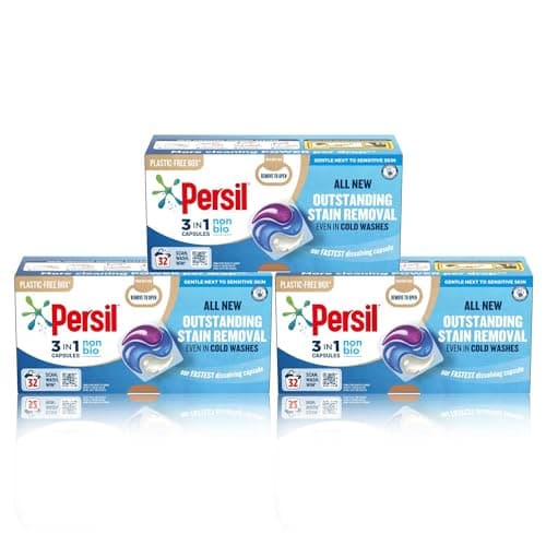 Image of Persil 3 in 1 Non Bio Washing Capsules laundry capsules that are gentle next to sensitive skin with recyclable, plastic-free box* 3x 32 capsules (96 washes)