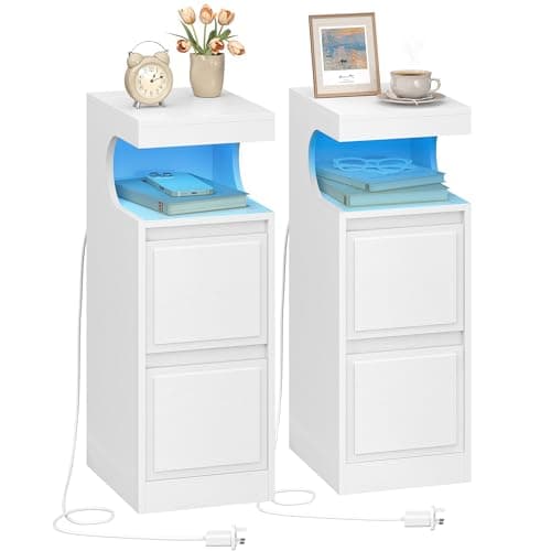 Image of Hzuaneri Slim Bedside Table Set of 2 with LED Lights, Side End Table with 2 Drawers, Bedside Cabinet with Adjustable Light, Nightstand for Bedroom, Living Room, Office, 30 x 24 x 65 cm, White NS39213X