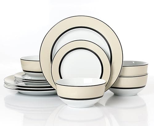Image of Waterside 12pc Cream Band Porcelain Dinner Set; 4 Dinner Plates, Side Plates and Deep Bowls