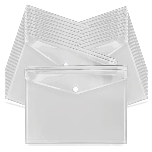 Image of G4GADGET A4 Clear Plastic Wallets – Pack of Popper Document Folders with Label Pocket & Snap Button – Transparent Plastic Envelope for Home, Office, School & Travel (20)