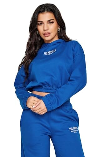 Image of PixieGirl Petite Cobalt Blue 'Los Angeles' Slogan Cotton Cropped Hoodie Petite