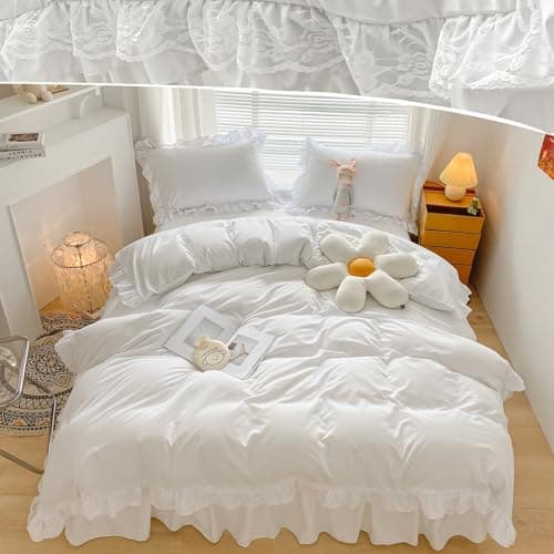 Image of 3 Pieces Ruffle Duvet Cover Sets with Edging White Ruffle and Lace Bedding Set Soft Breathable Microfiber Duvet Cover Double 200x200 cm
