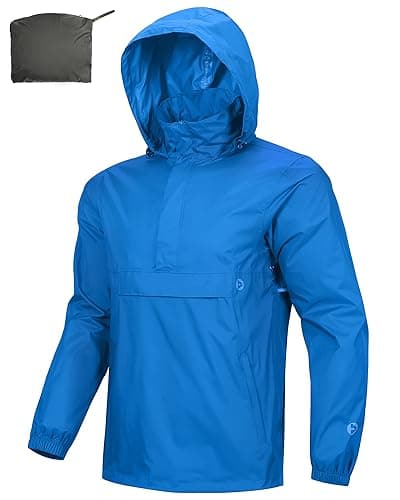 Image of Outdoor Ventures Rain Jacket for Men Waterproof Pullover Lightweight Hooded Windbreaker Outdoor Raincoat Packaway Breathable Windproof Shell Jacket for Travelling,Camping, Running, Hiking Sea Blue XL