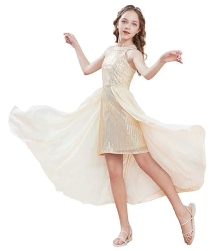 Image of GRACE KARIN Kids A-Line Sleeveless Dress Cute Princess Sparkling Sequined Dress Party Sleeveless Dresses for Graduation Gold 12-14 Years
