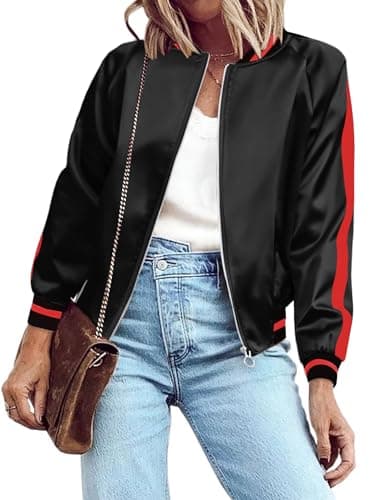 Image of Zeagoo Women's Classic Solid Striped Biker Jacket Zip Up Fashion Bomber Jacket Coat Black