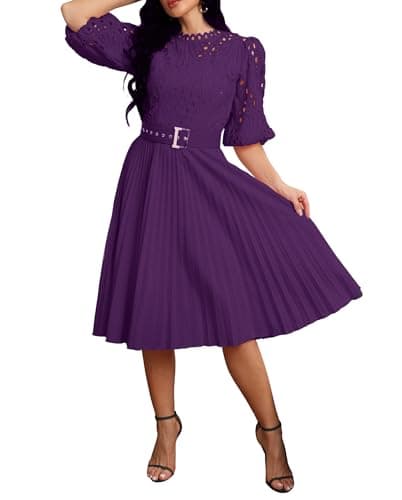 Image of IWFEV Lace Pleated Dress Puff Sleeve Mid-Calf Short Sleeve Midi Hollow Party Evening Dress L Purple