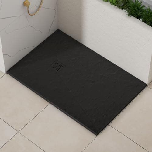 Image of Luxor Rectangular 1400 x 900 x 30mm Black Slate Effect Stone Shower Tray Slip-Resistance for Shower Enclosure with Black Cover Grate