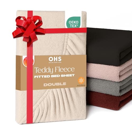 Image of Brentfords Teddy Fleece Fitted Sheet, Soft Warm Fitted Bed Sheets Double Thermal Luxury Winter Teddy Bear Bedding Easy to Use Fit, Cream Beige