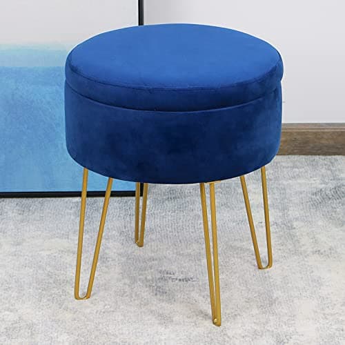 Image of La Maison Velvet Round Stool Ottoman Storage Seat Vanity Dressing Table Stool Chair Coffee Table Tray Metal Legs (Navy)