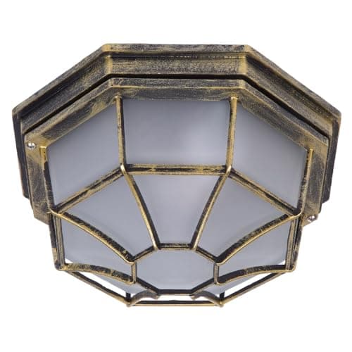 Image of Britalia Antique Brass & Frosted Glass Outdoor Vintage Octagonal Flush Wall & Ceiling Light | 27cm Diameter | IP44 Rated | 1 x ES E27 Lamp Bulb Required | Bathroom Use | UK Approved