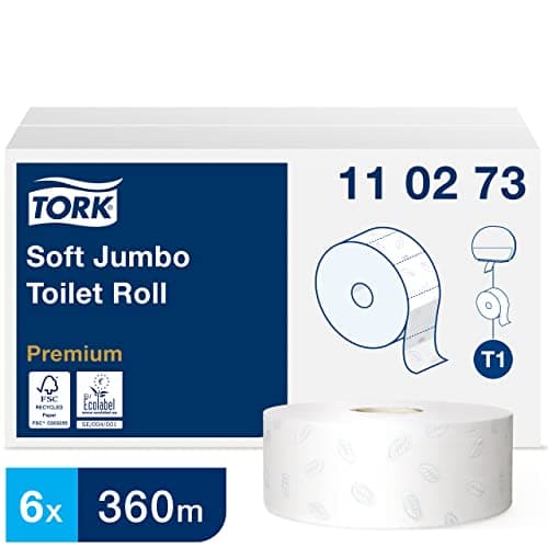 Image of Tork Two Ply Jumbo Toilet Paper Roll Compatible with Tork T1 Jumbo Toilet System, 1 x 6 Rolls (6 x 1800 Sheets)