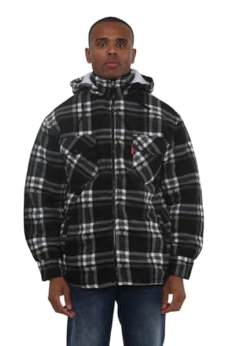 Image of Stylo Online Mens Womens Padded Fleece Lined Lumberjack Shirt Jacket with Detachable Hood – Sherpa Lined Thermal Check Flannel Overshirt Winter Warm Quilted Work Outdoor Casual Black M