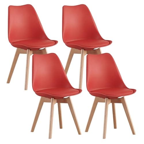 Image of MOF Dining Chairs Set of 4 – Modern Faux Leather Dining Room Chairs with Wooden Legs, Padded Seat & Curved Backrest – Easy to Clean Chair for Lounge, Kitchen, Office - Stylish DELUXE Retro EVA (Red)