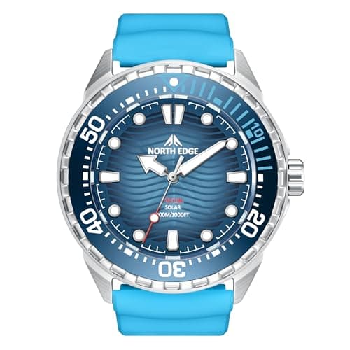 Image of NORTH EDGE Solar Powered Dive Watch for Men Women, Quartz Movement with Rechargeable ML2016 Battery, 300m Water Resistant, Unidirectional Bezel, Luminous Hands