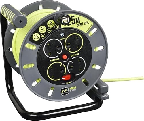 Image of Masterplug Pro-XT Four Socket Open Cable Reel Extension Lead with Winding Handle, Thermal Cut Out and Power Switch, 25 Metres High Visibility Cable, Green
