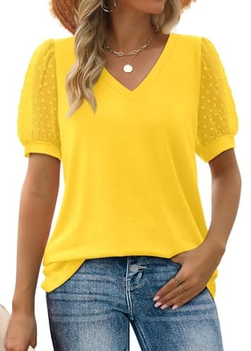 Image of Aokosor Ladies T Shirts Women V Neck Tops Swiss Dot Puff Sleeve Summer Tee Yellow Size 14-16