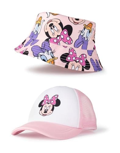 Image of Disney Minnie Mouse Girls Pink Bucket Hat & Cap Set | Lightweight Breathable Character Print Accessories | Casual Sun Protection Merchandise for Kids