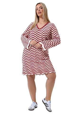 Image of Yours Limited Collection Curve Stripe Crochet Knitted Dress - Women's - Plus Size Curve Red