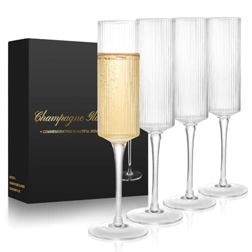 Image of Qulable Champagne Flutes Set of 4 - Elegant Champagne Glasses for Champagne, Prosecco, Wedding Gift, Engagement Gifts for Women, 250ml Vertical Stripe Glasses for Anniversary, Christmas (4, Pinstripe)